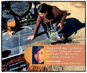 Image of Pamela Foster tending to the grave of her daughter, Ashlynne Mike